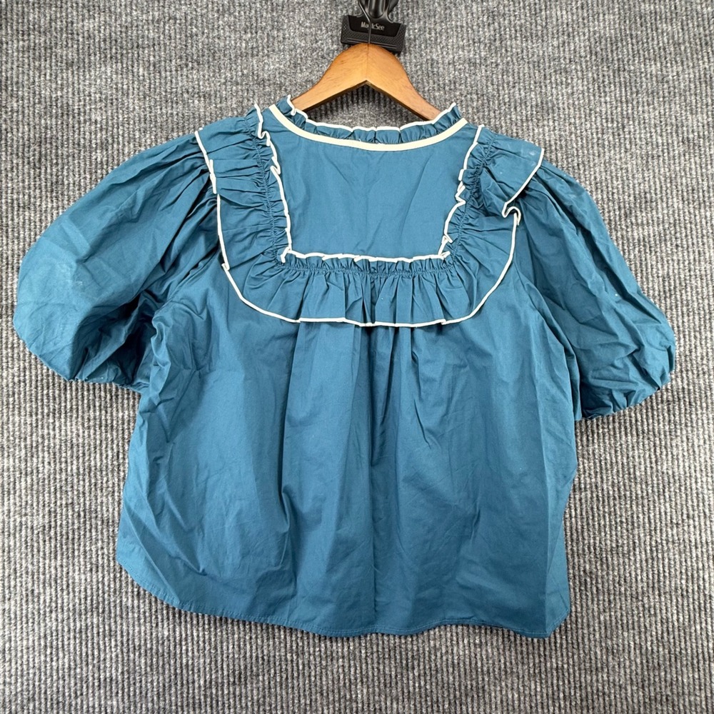 Listicle Puff Sleeve Blouse Womens Large Teal New Ruffle Bib Tie Neck Top - Picture 6 of 6